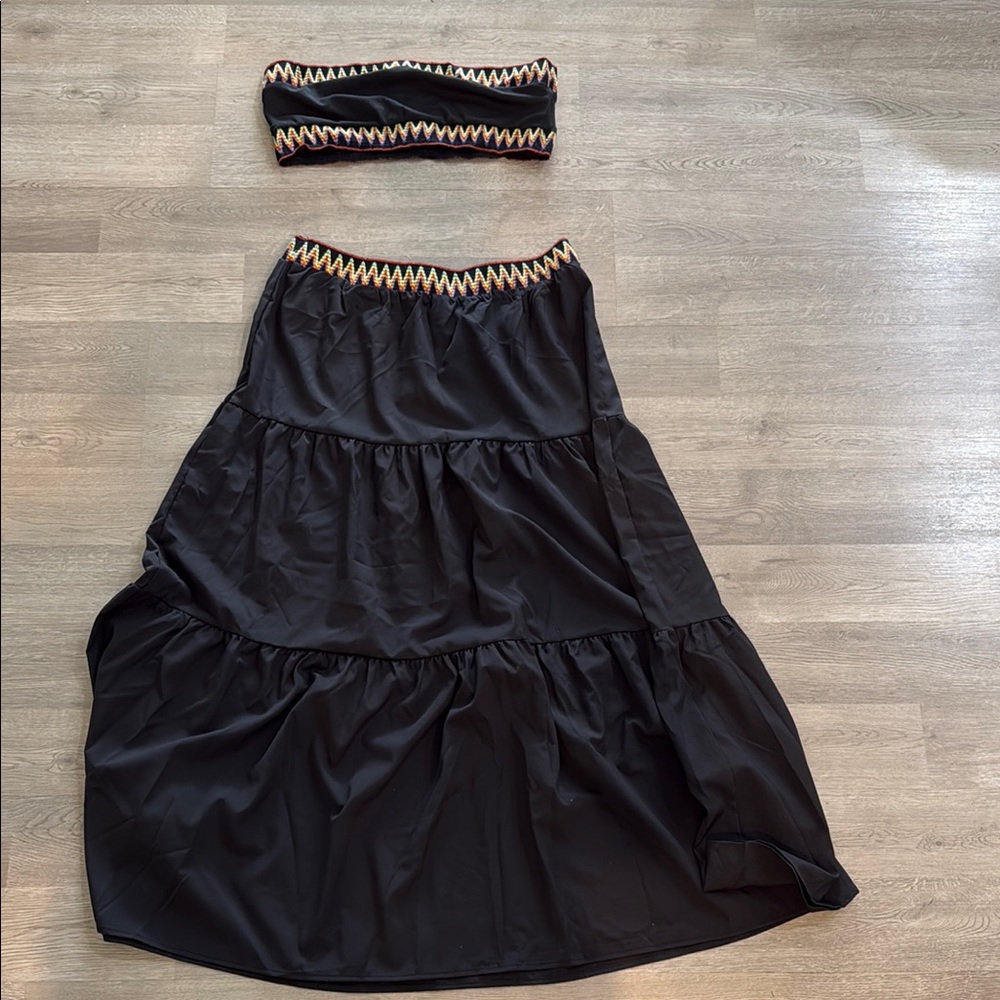 Black Tiered Skirt with Zigzag Trim and bandeau top